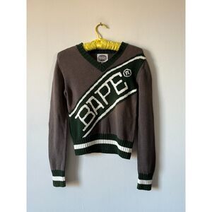 BAPE A Bathing Ape Spell Out Logo Sweater Cotton Green Gray Pullover V Neck XS